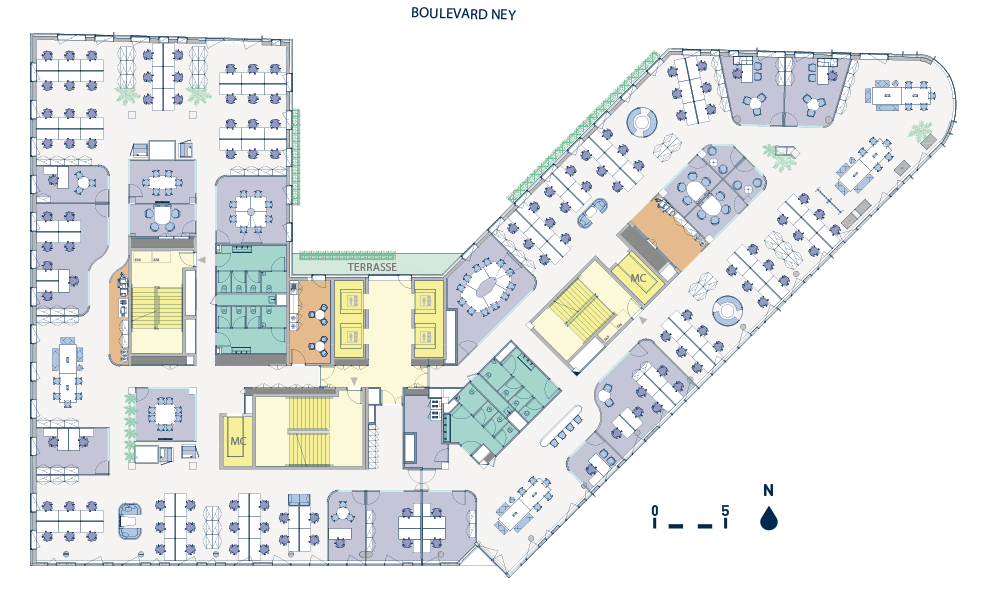 plan étage 5 open space immeuble kara paris 18